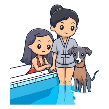 Slim Chinese woman with long black hair in pool attire at an indoor swimming pool with her Italian greyhound that is COMPLETELY and ENTIRELY solid dark grey, with ABSOLUTELY ZERO white markings anywhere on its entire body including face, nose, chest, paws - 100% uniform dark grey color only sticker