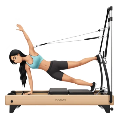 woman with tanned skin, long black hair, wearing a sports bra, doing exercise on a Pilates reformer machine sticker