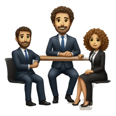 work meeting 3 men and 4 women sitting on a table wearing suits the women have curly hair and one of the men is fat with a beard and of them is tanned with curly hair sticker