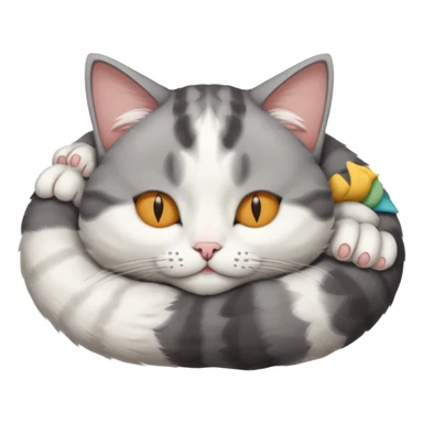 grey and white small cat with eyes closed lying down upside down with its head resting on its curled paw sticker