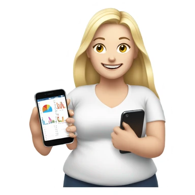 overweight blondie woman happy with a smartphone in hands showing charts sticker