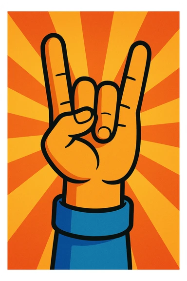 animated hand making a 'rock' gesture, moving upward, bold lines, vibrant toon style sticker