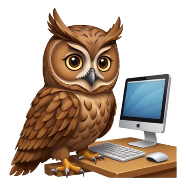 an owl working on computer in an appartement with  timber sticker