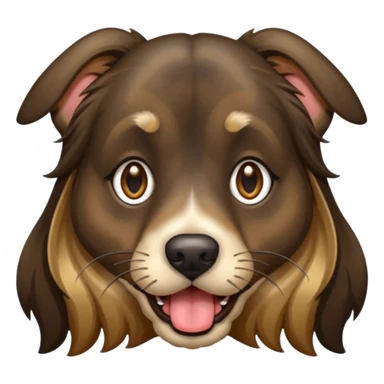 dog face with long black+brown brindle coat and bridge of nose. ears stand up w/ tips folded down. make eyes light brown-ish gold. widen tongue and add dark splotch. keep mane long.  sticker