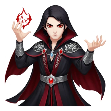 Cinematic Realistic WoW Vampire Mage Portrait, captured in a dynamic, battle-ready pose as he unleashes a torrent of arcane energy. His pallid skin and sleek dark hair contrast sharply with the flowing black robe adorned in silver filigree and glowing runes, while his crimson eyes radiate unyielding power. Rendered with intense, lifelike texture and dynamic, eerie lighting, high shine, embodying the fierce, relentless spirit of a dark sorcerer. sticker