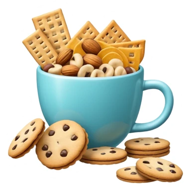 3D minimal icon with a variety of snacks (chips, cookies, crackers, nuts) arranged abundantly, plus a small neutral cup (not a soda cup). Include a subtle accent in #FF3D00. Clean and modern style. sticker