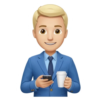 Confident and outgoing male entrepreneur, Caucasian features, blonde hair, big friendly smile, expressive eyes, defined eyebrows, wearing a blue blazer over a light blue shirt, holding a smartphone in one hand and a coffee cup in the other, waist-up, front-facing sticker