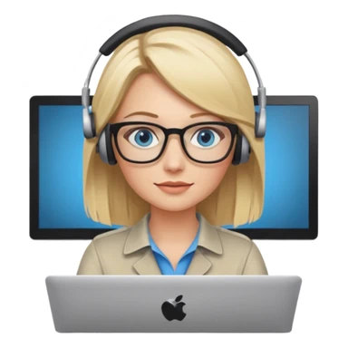 donna bionda occhi azzurri con occhiali, capelli media lunghezza lisci, è al pc è una grafica editoriale e redattrice sticker