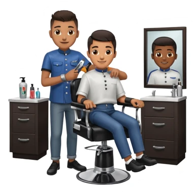 Barber cutting teenage boys hair. Show the boy sat in black barber chair and both having smiles on their faces. Both have dark hair sticker