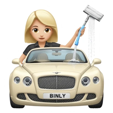 A blond lady washing a Bentley sticker