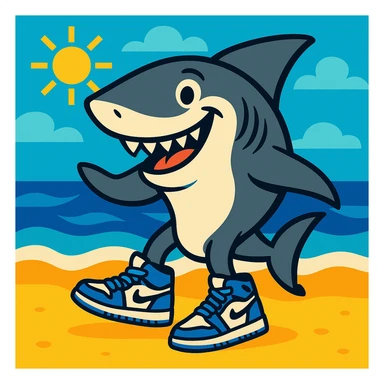 smiling shark close to the beach, wearing four blue Jordan tennis shoes, with a sunny sky and ocean, fun and lively style sticker