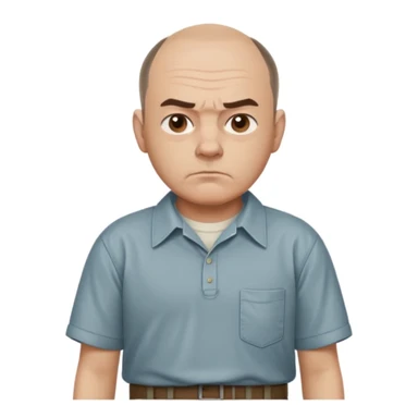 Carl from Sling Blade, serious expression, recognizable features, neutral background, full body, chin sticking out, slouching posture, no glasses, shirt with collar sticker