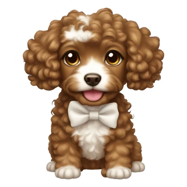 Tan girl dark curly hair holding brown Cavapoo with a white bow on ear sticker