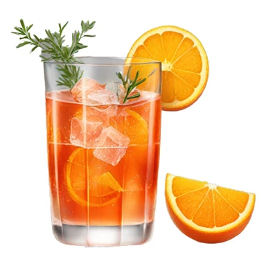 One Aperol spritz in a glass with three ice cubes, one slice of an orange, and one strand of thyme in it sticker