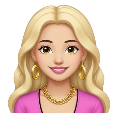 A little cool toned girl with black thick open long hair smiling and her lips should be a lightish pink in a black outfit with gold tops (not hoop) earrings and a very thin gold chain and she should have a lil jawline  sticker