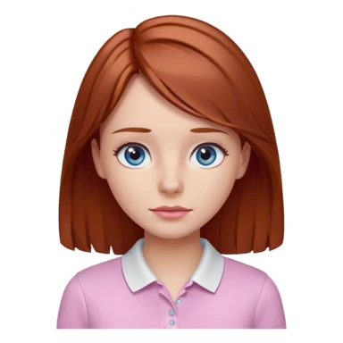 Create emojis of a girl with light brown / dark red hair slightly wavy below the shoulder. Her eyes are gray-blue, her nose is small and straight, and her lips are pink and small. Eyes with long eyelashes. The polo shirt is white. The emoji itself is up to chest level. sticker
