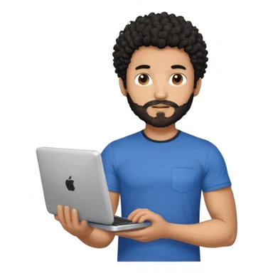 men holding his computer in hands. light brown skin men with curly black hair, dark brown eyes, little grown beard. ust a tiny bit muscular. dressed casual. round face. Dont Apple book  sticker