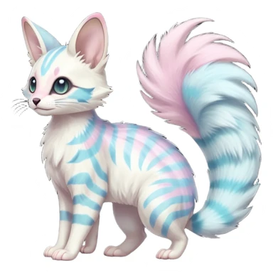  cute adorable whitish pastel fur with random colorful markings iridescent beautiful elegant pretty precious cute young youthful  Fakémon-Pokémon-alien-opossum-feline-serval-caracal-chinchilla-Minccino-hybrid-creature with a big fluffy bushy striped tail (full body) sticker