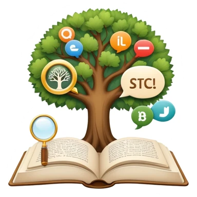 An icon featuring an open book, a speech bubble, and a linguistic tree, symbolizing philology and linguistics. The design includes alphabets, language symbols, and a magnifying glass, representing the study of language, structure, and meaning. Transparent background sticker