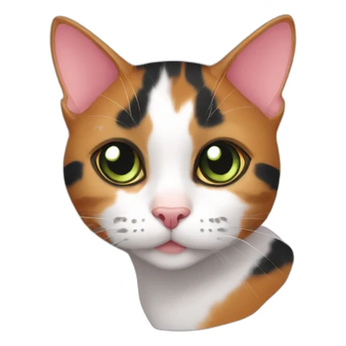 young striped calico cat face with a pink nose, white chin, green eyes, and orange/brown markings, orange tip on one ear sticker