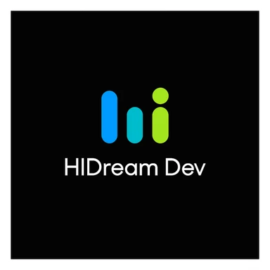 create high dream logo like this with text "HIDream Dev", black background  sticker