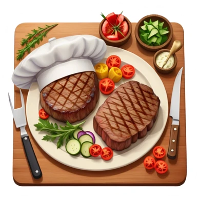 icon featuring a chef’s hat, a cutting board with fresh ingredients, a knife, a beautifully cooked ribeye steak, shashlik skewers, and a plate of food in the making. The design captures the passion of cooking with warm, inviting colors, and realistic textures. Transparent background. sticker