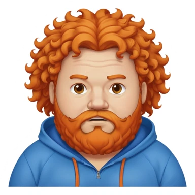 A fat guy who is wearing a blue hoodie and orange curly beard and hair mad sticker
