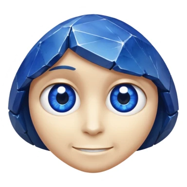 A single sapphire-blue faceted rock head, chunky and worn, with a few visible cracks and chipped facets but still shiny, big kind eyes and a confident smile sticker