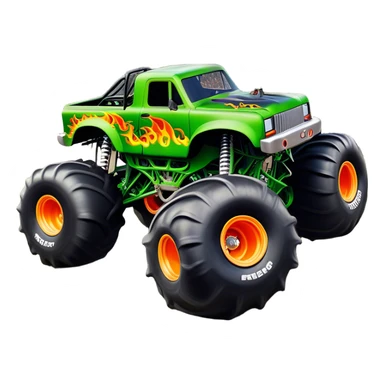Grave Digger - Monster Jam (Model Year: 2022) (Iconic colour: Green with flames) - A legendary monster truck with a fearsome design: predominantly deep green with dynamic, vibrant flame graphics in bright orange and yellow. Highlight its rough, edgy bodywork and an aura of untamed rebellion. sticker