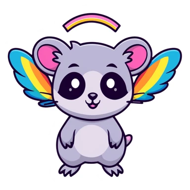 colorful possum with rainbow wings, sparkly halo, lots of glitter sticker