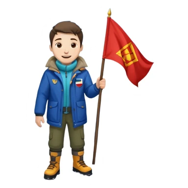 a joyful guy on a mountain summit with a flag, snow at his feet sticker