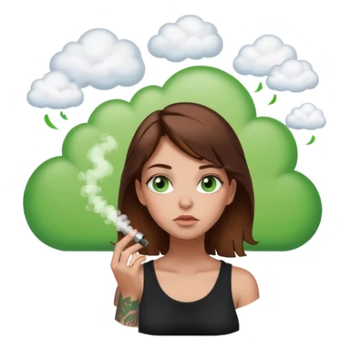 girl with brown hair and green eyes and tattoos thinking about a vape in a thought cloud sticker