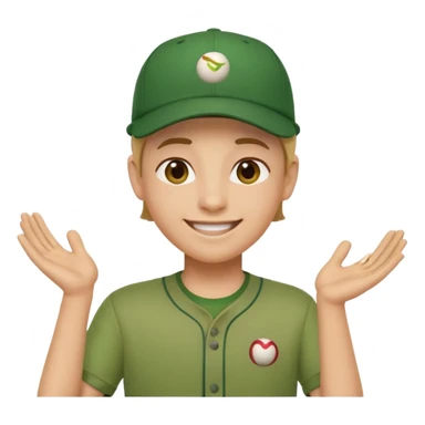 gender neutral person, chest up, green shirt, baseball hat, friendly expression, emoji style sticker