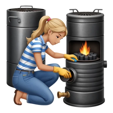 Metal cylindrical coal stove with a girl cleaning it while kneeling, seen from behind, wearing jeans and a striped shirt sticker