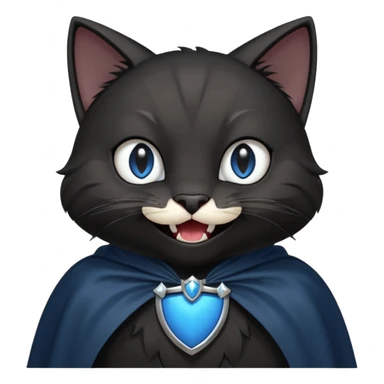 an all black anthropomorphic cat with blue eyes wears an all black cape and is smiling a mischievous sharp tooth grin sticker