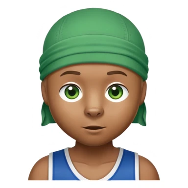 Brown bear with friendly expression and green eyes, white durag on head, blue basketball jersey visible up to shoulders, showing upper body, iOS emoji style sticker