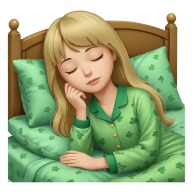 Young woman with long dark blond hair and a bang sleeping in bed  with green pyjama sticker