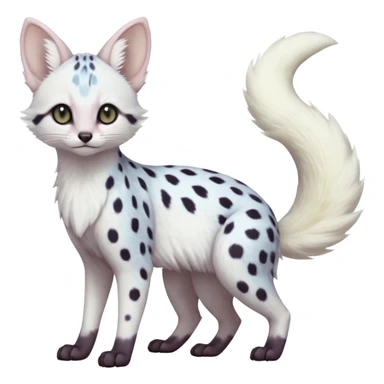 White Albino frosty snow-white whitish pastel-grey-spotted Serval-Civet-Genet-Trico-Furret-Linoone-Noibat-Espeon-Fakémon-Pokémon-animal-hybrid-fusion-creature (full body) with vibrant glowing eyes, cute, elegant, soft, realistic, pastel fur sticker