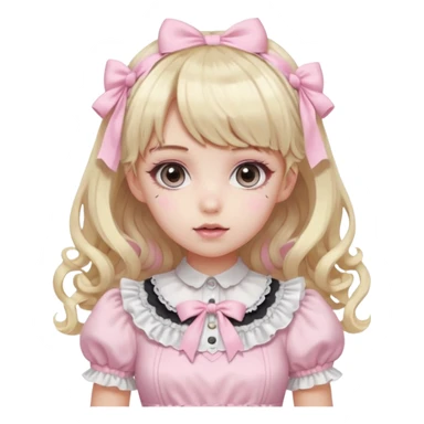 pale girl , who has curly medium length blonde and baby pink swirled hair with bangs , grey eyes , and doll like makeup , in a light pink lolita hime gyaru dress  sticker