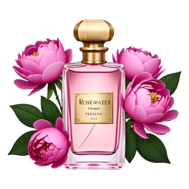 A delicate glass bottle of rosewater perfume with gold details beside lush pink peonies. Soft light enhances the romance, while a dark red velvet backdrop adds vintage glamour."
 sticker