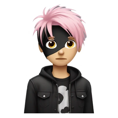 Create an emoji of an emo guy with split-dyed hair—one side pastel pink and the other side black. The hair should have a slightly messy, choppy texture, and the character should have a subtle, sad expression, wearing dark clothing typical of emo fashion sticker