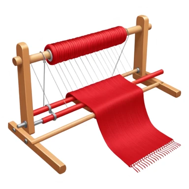 rigid heddle weaving loom set up for weaving a bright red scarf, with red yarn on a stick shuttle laying across the warp threads sticker