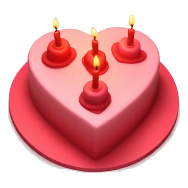 Red primarily colored heart shaped birthday cake, top view, 4 candles sticker