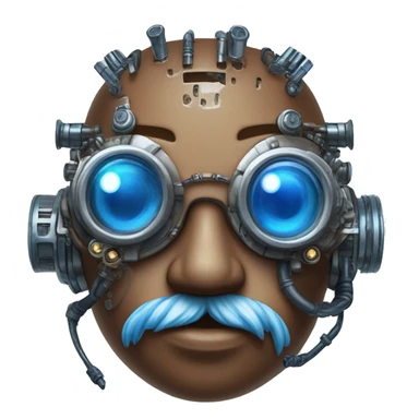 Brown cyborg head with blue Mohawk, blue beard, silver steampunk monocle goggles a smile and circuits sticker