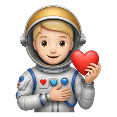 A happy spaceman holding a heart sticker