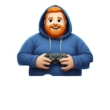 fat man with blue hoodie orange hair and beard that is the shape of the universe that plays games and eats alot of sticker