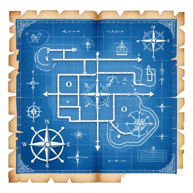 blue blueprint plan with white treasure map symbols and a path sticker