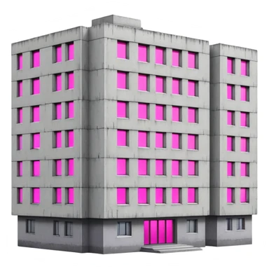 Soviet-era concrete rectangular apartment block with a single window emitting bright pink UV light, stark gray facades with slight disrepair sticker