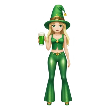 Blonde haired girl in glittery green bell bottoms and tall leprechaun hat holding a green beer sticker