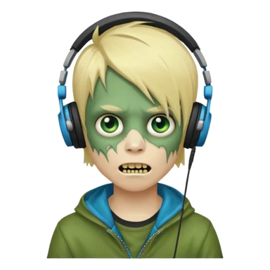 boy zombie whit blonde emo hair and eyes blue and GREEN SKIN and heandphones AND A MICROFONE and gold teeth sticker